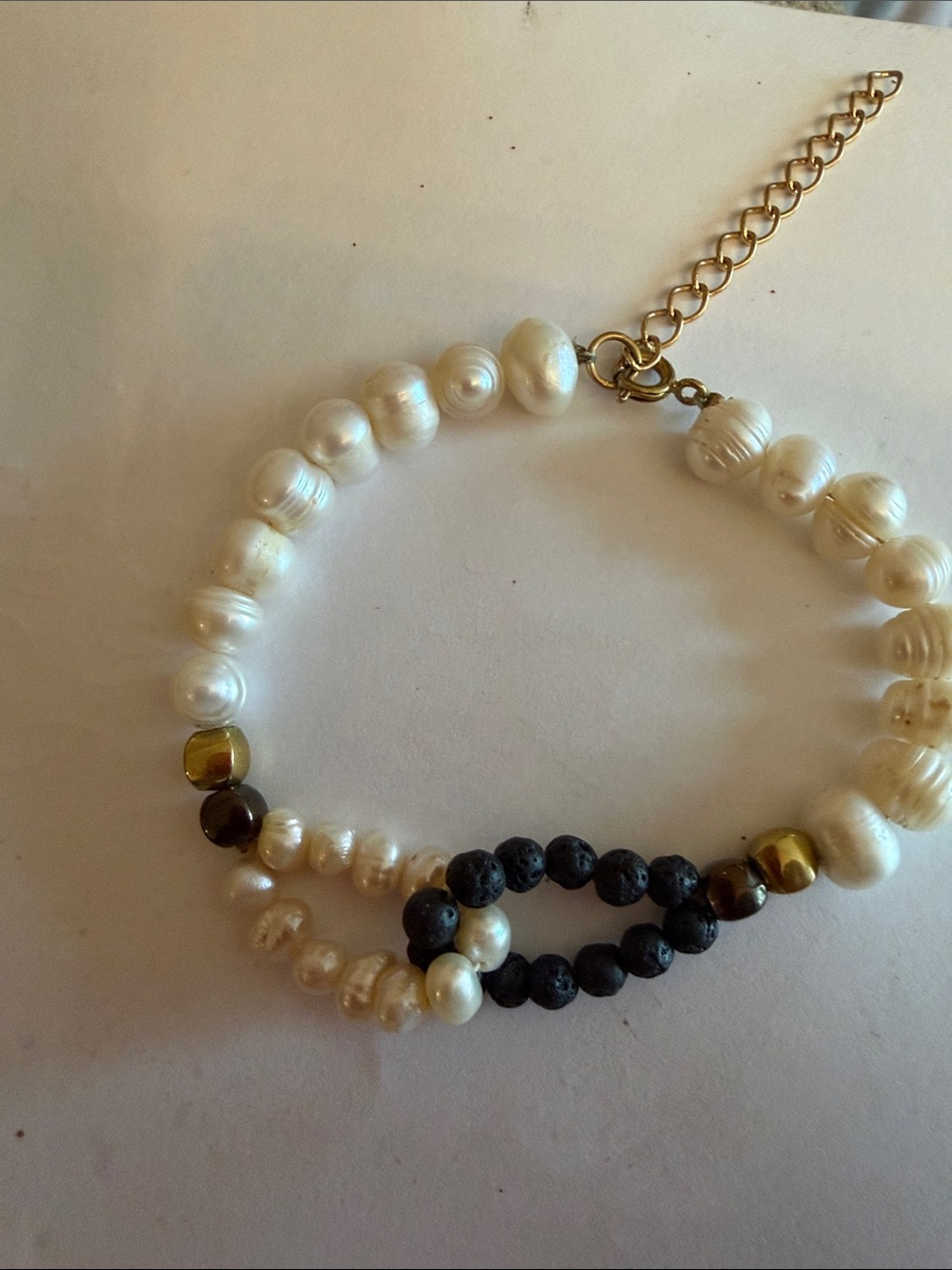 Freshwater Pearl and Lava Bead Bracelet - White and Black NWOT